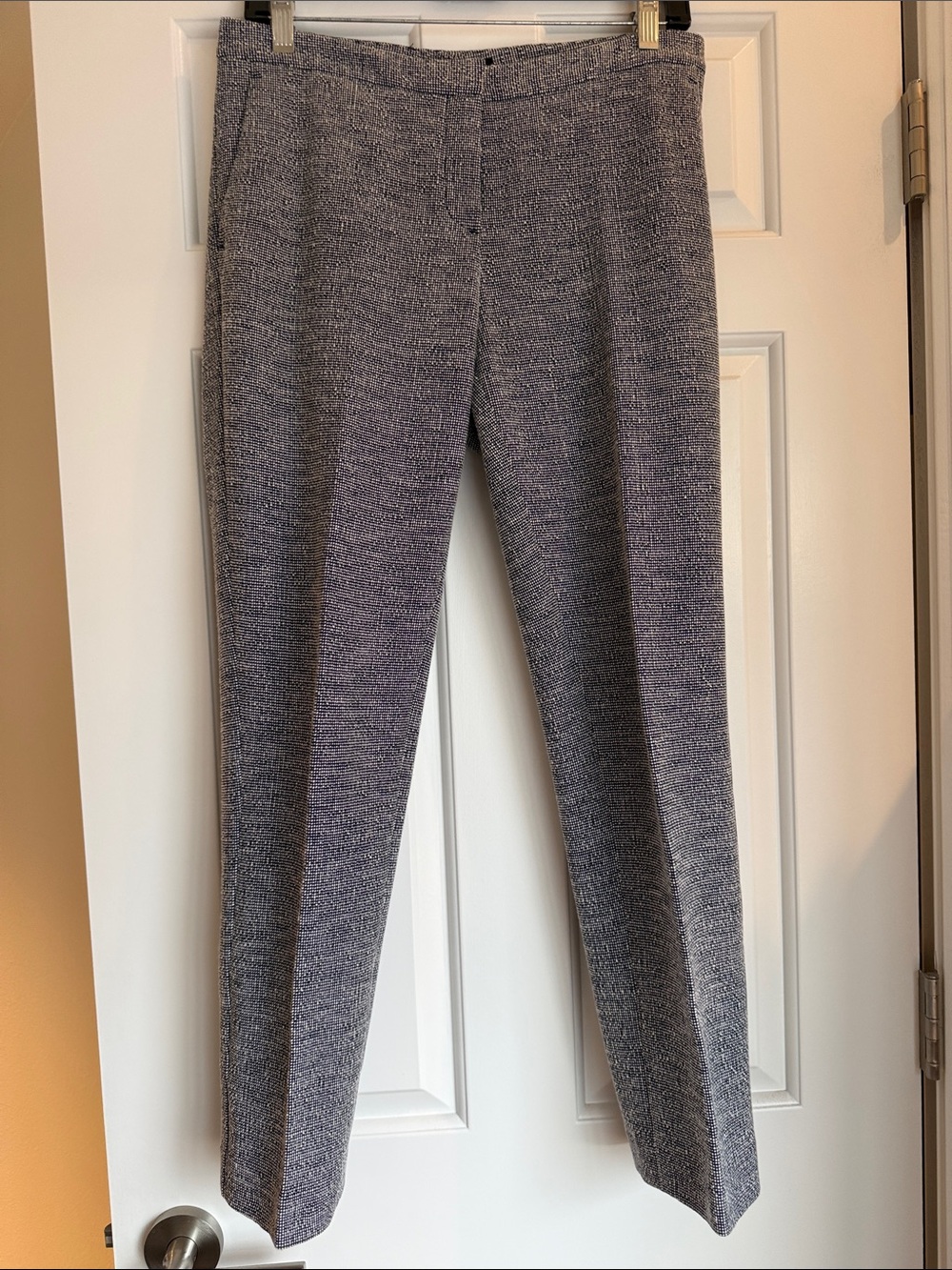 Theory Navy and White Tweed-Look Trousers. Size 4.